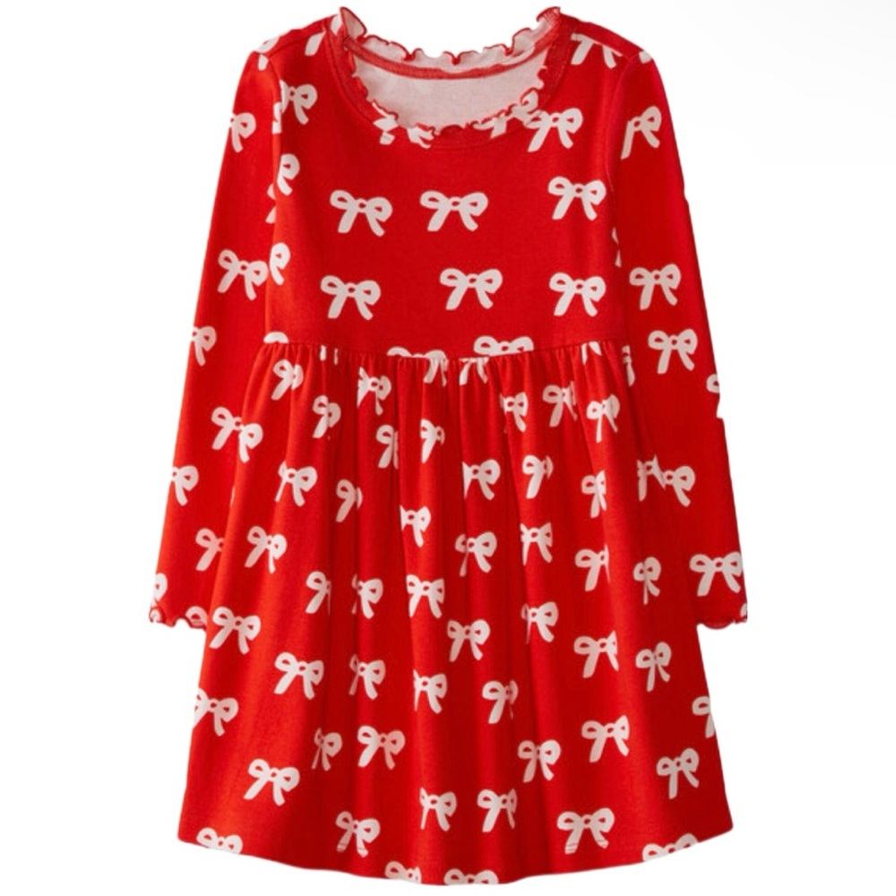 Hanna Andersson Christmas holiday Bow Ribbed Dress Size 90 3T EUC
